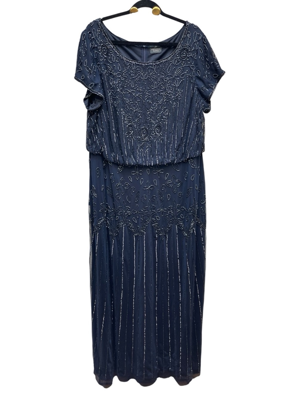 Adrianna Papell Navy Beaded Blouson Evening Gown Formal Maxi Dress Approx XL